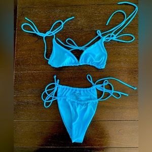 Super down blue bikini; top is M, bottom is S